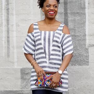 Soft Surroundings Sunset Park Linen Tunic Top Blue White Womens Medium Tank